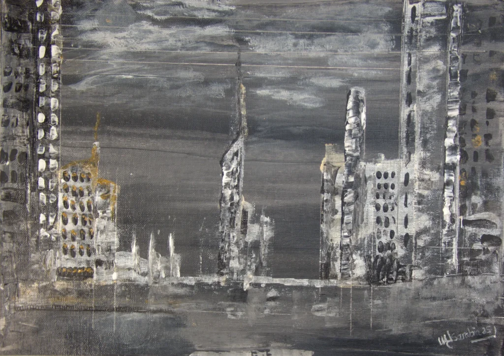 The Night Acrylic Painting offers a stunning depiction of a city illuminated by the soft glow of nighttime. Predominantly rendered in striking black and white, this piece captures the urban landscape's silhouette, showcasing towering skyscrapers and intricate architectural details. The monochromatic palette evokes a sense of mystery and tranquility, inviting viewers to immerse themselves in the quiet beauty of the night. What truly sets this painting apart is the subtle hint of yellow that punctuates the composition, reminiscent of streetlights casting a warm glow, or windows aglow with life. This touch of color adds depth and draws the eye, creating a captivating contrast against the starkness of the black and white cityscape. Through this artwork, one can feel the pulse of the city as it quiets down, with shadows playing across the streets and a serene ambiance wrapping around the buildings. The Night Acrylic Painting serves as a reminder of the beauty found in stillness and solitude, making it a perfect addition to any space that seeks to evoke a sense of calm and contemplation, or to celebrate the enchanting allure of urban life after dark.