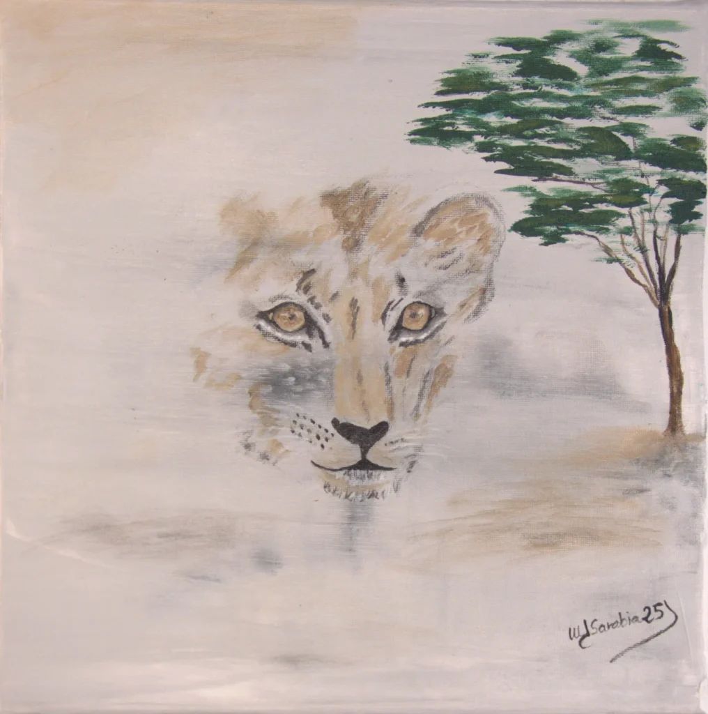 The Young King Acrylic Lion Painting beautifully captures the innocence and charisma of a young male lion cub. With warm tones of golden ochre and soft browns, the painting highlights the cub’s playful demeanor and ever-curious gaze. The artist has expertly depicted the fine details in the cub's fur, showcasing its youthful fluffiness and the subtle variation of colors that bring it to life. With its big, sparkling eyes and gentle expression, this young lion cub embodies both vulnerability and promise, hinting at the future greatness that lies ahead. The background features a soft blend of greens and yellows, suggesting a lush savannah habitat filled with vitality and potential, reflective of the cub’s early steps into a vast, exciting world. This painting invites viewers to appreciate the beauty of youth and the journey of growth. It inspires a sense of joy and affection for wildlife, reminding us of the importance of nurturing innocence while recognizing the inherent strength waiting to unfold. Perfect for a child's room, a wildlife enthusiast’s collection, or any space that celebrates nature, the Young King Acrylic Lion Painting serves as a heartwarming reminder of the beauty and wonder of the natural world.